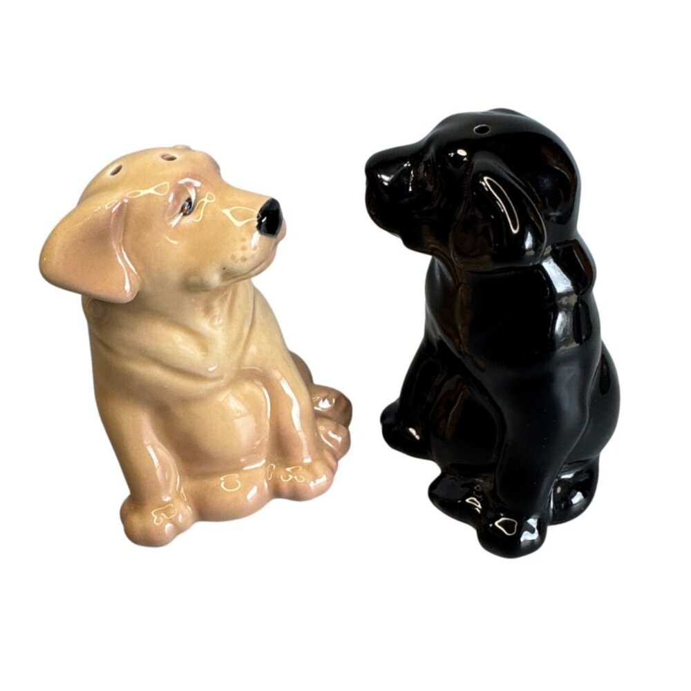 Labrador Dog Salt Pepper Shakers Tan Black Ceramic Made In Thailand 3.5" - Picture 3 of 8